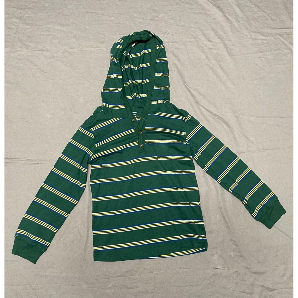 Carters Kid Boys Green Striped Hooded Henley Long Sleeve Shirt Size 8 8A Cotton